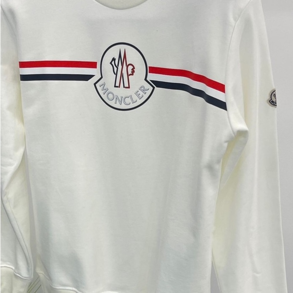 Moncler Ivory Sweater with Navy and Scarlet Stripes